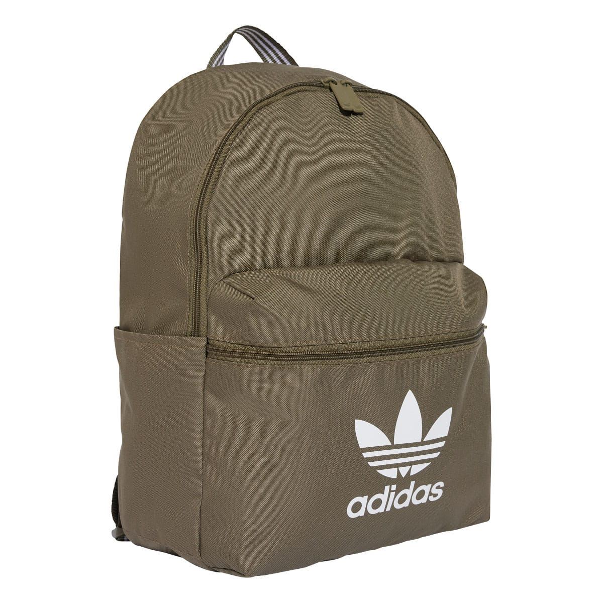 Olive backpack with curved front zip pocket, top handle, and adidas trefoil logo