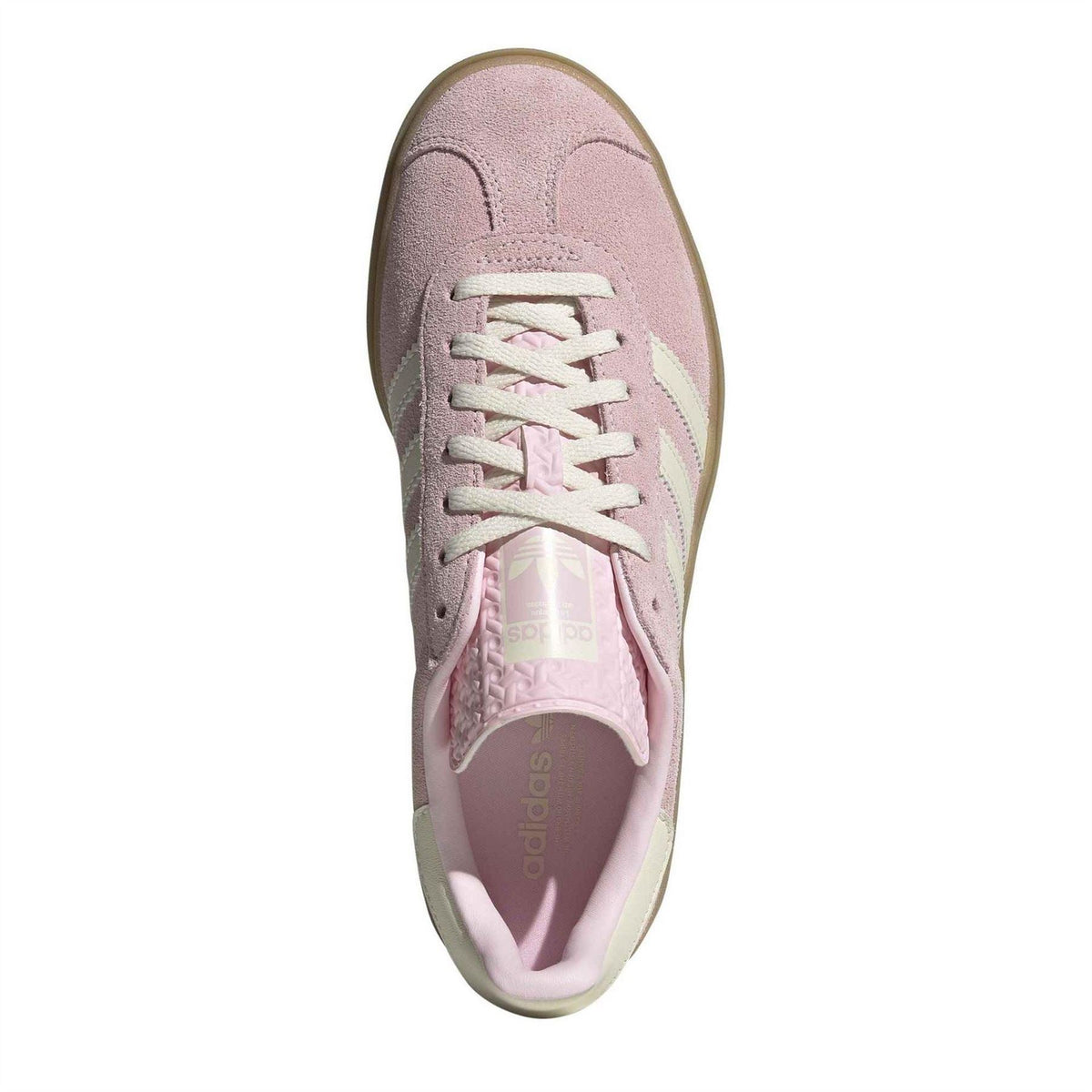 Pink suede adidas Gazelle Bold trainers, lace-up front with padded tongue