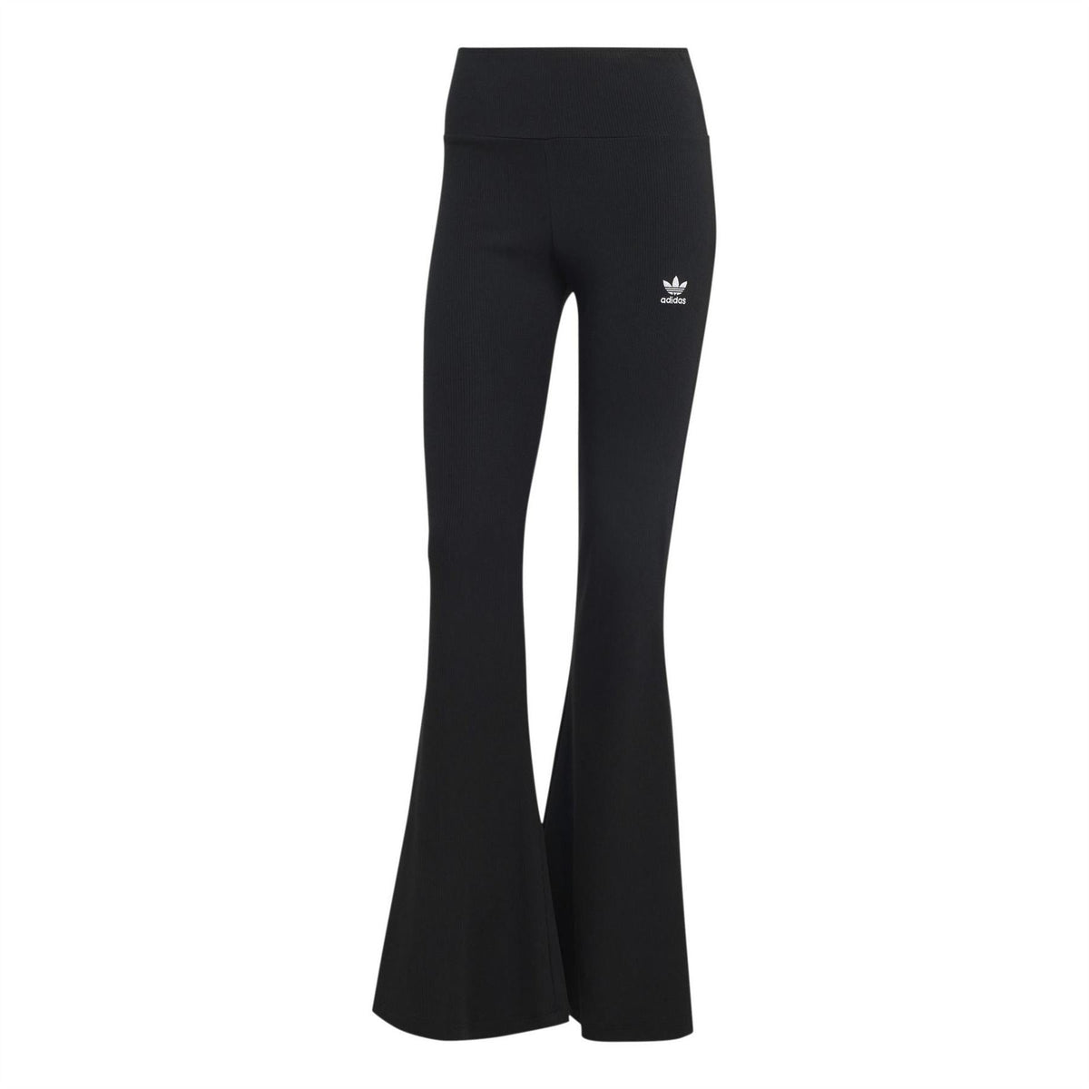 Black adidas flared leggings with small trefoil logo at thigh