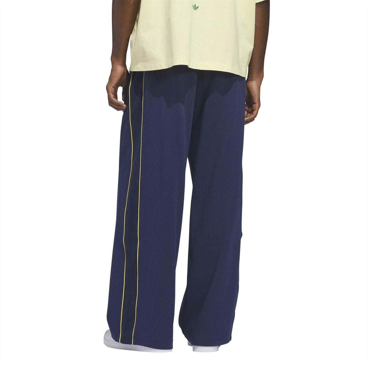 adidas Originals men’s wide-leg woven joggers, dark blue with yellow side piping