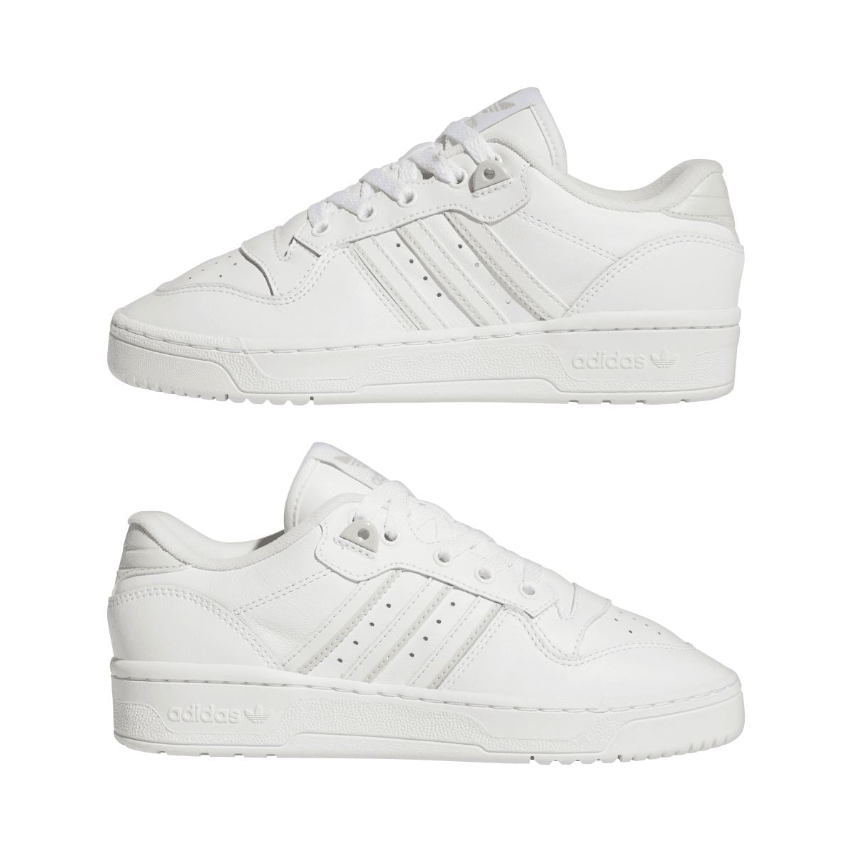 Two views of white low-top trainers with lace-up front and three-stripe side panels