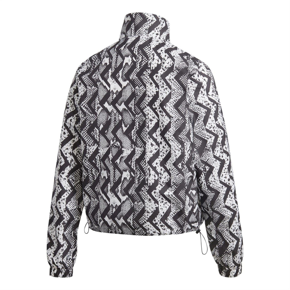 Hooded athletic top with black-and-white zigzag print, high neck, long sleeves