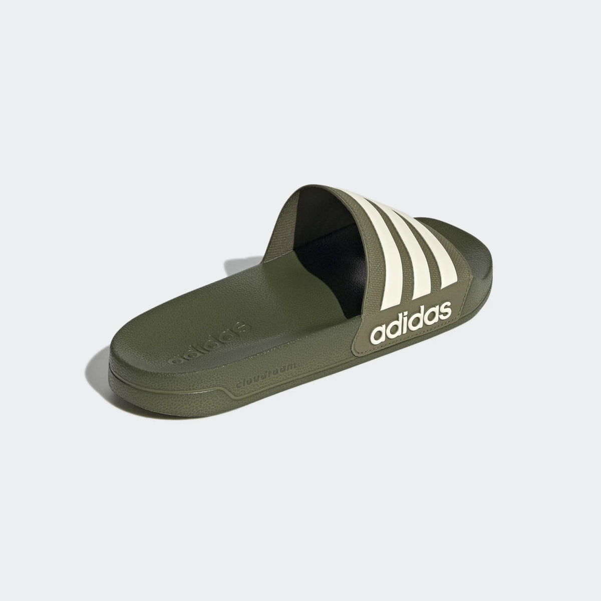 Olive Adidas slide sandal with adidas logo on side and three white stripe bands