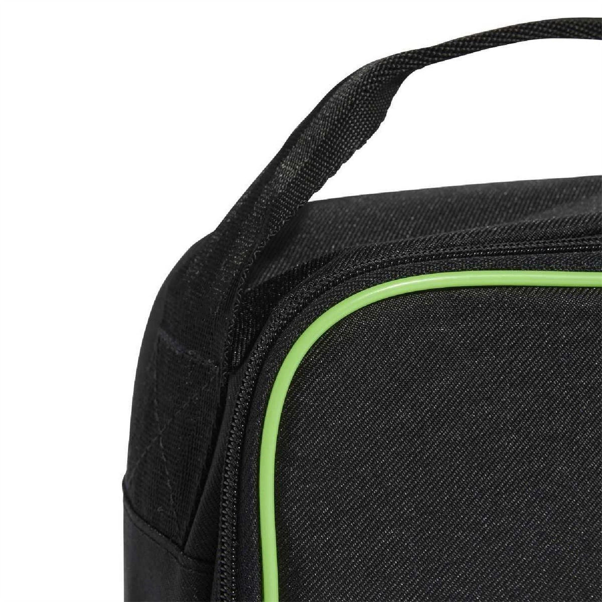 Black adidas Originals lunchbag close-up of top handle and neon-green piping seam