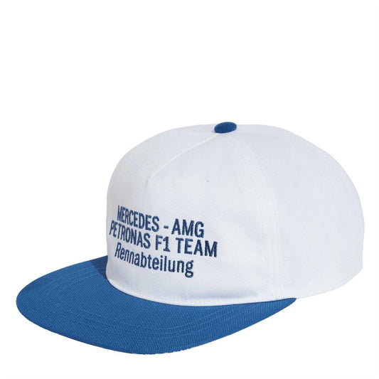 White snapback cap with blue brim and embroidered Mercedes-AMG Petronas logo
