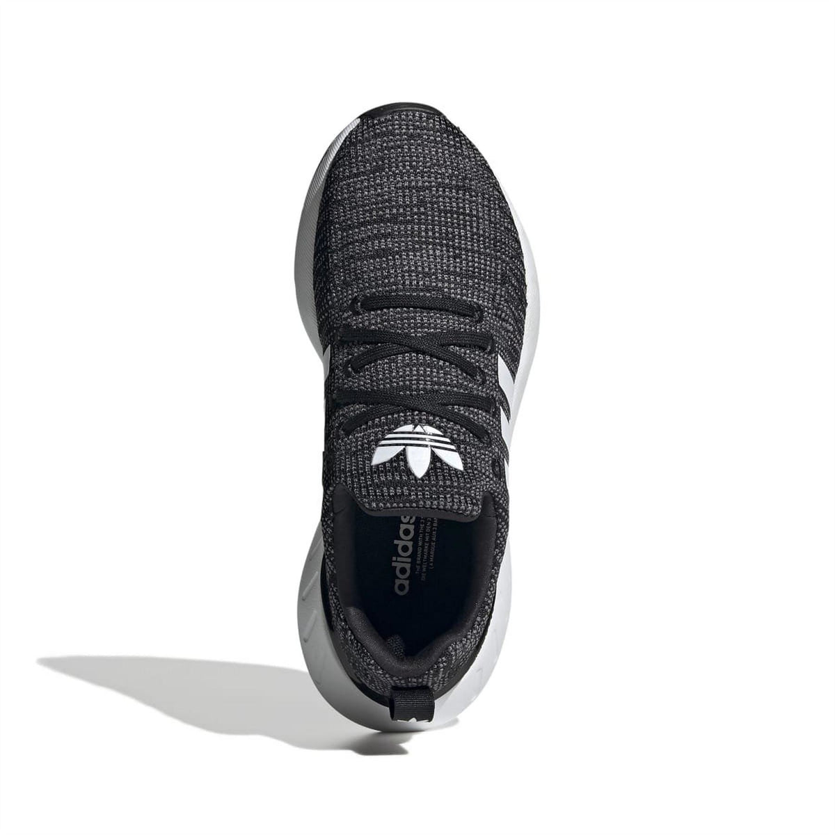 Black knit lace-up trainer with white trefoil logo on tongue and cushioned collar