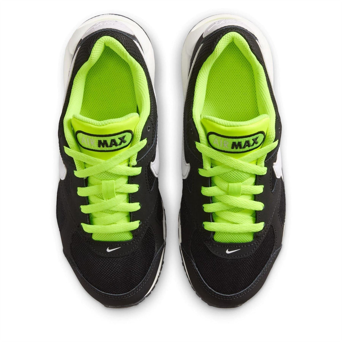 Black junior Air Max sneakers with neon green laces and Air Max tongue tags