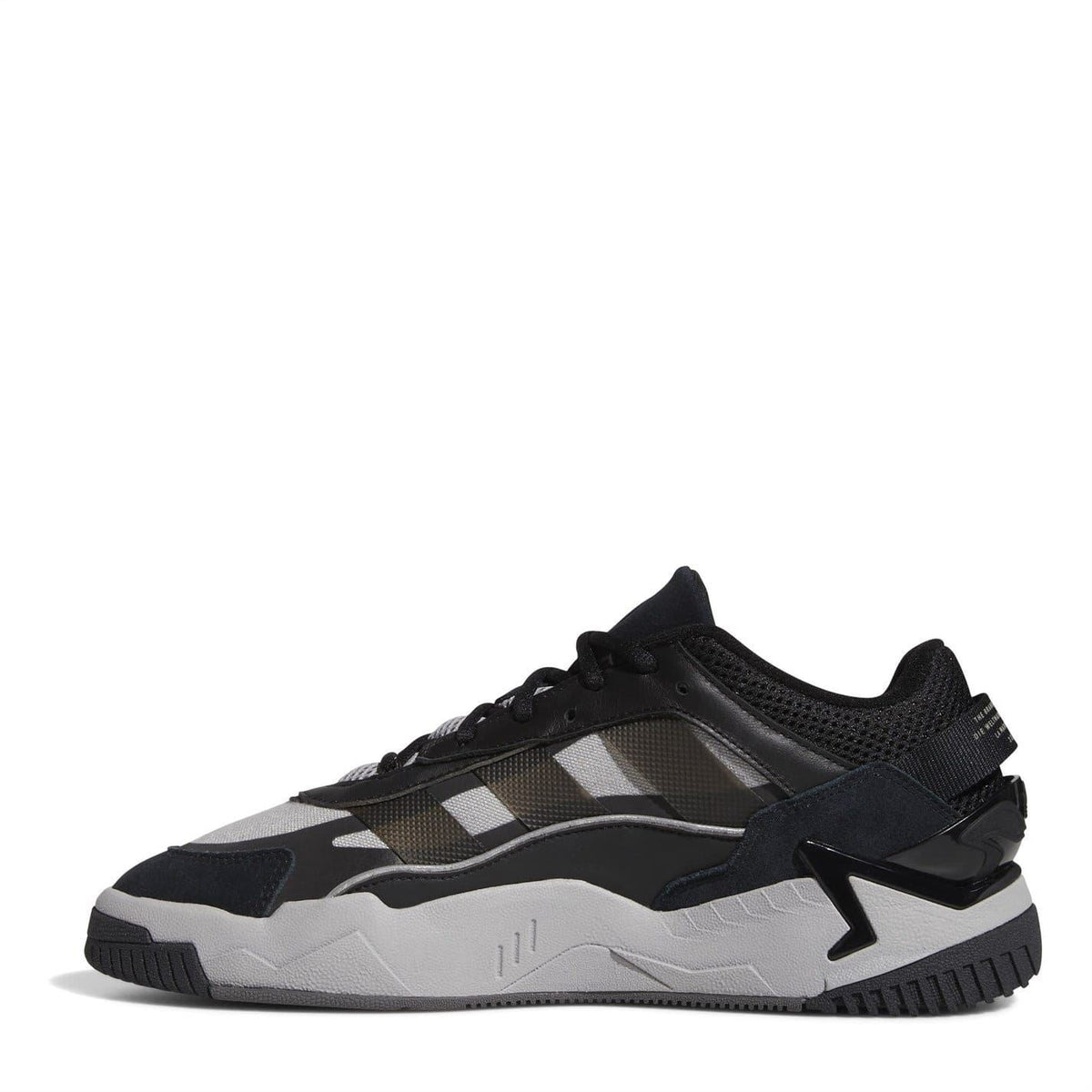 adidas Originals Niteball II low-top sneakers, side view in black and gray with white accents