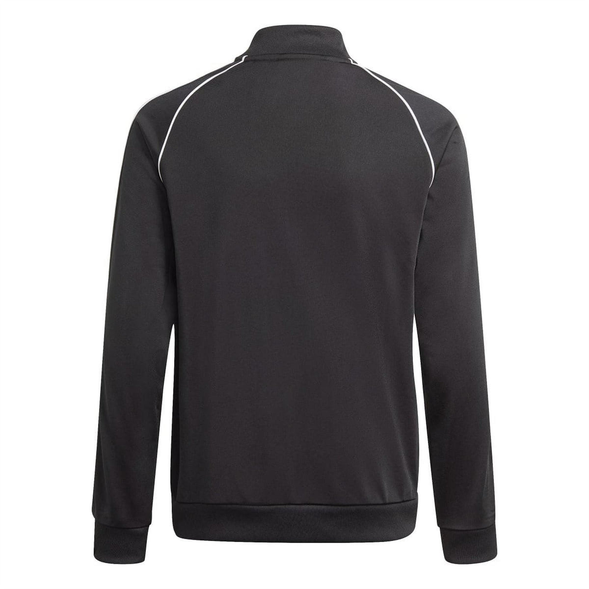 Black adidas Originals track jacket with white curved back seam line, full-zip stand collar