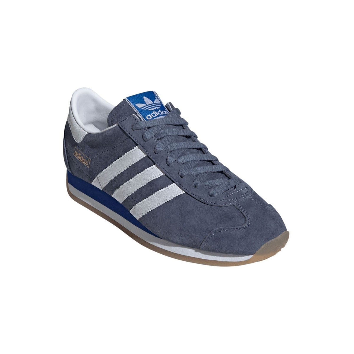 Navy suede lace-up trainers with white three stripes and adidas tongue logo