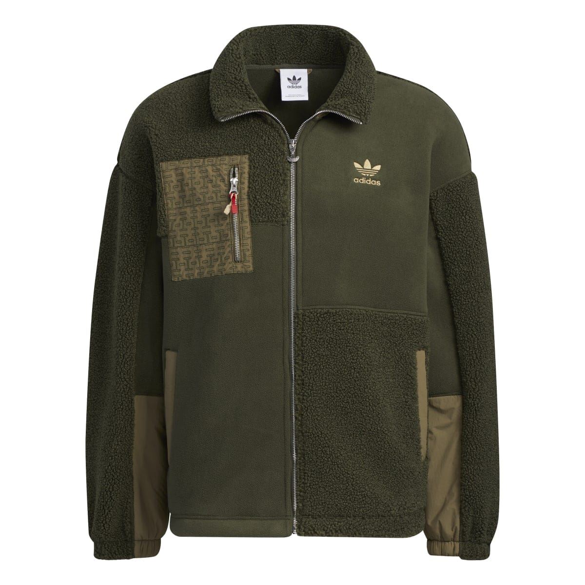 Olive green Sherpa full-zip jacket with high collar, Adidas logo, and chest zip pocket