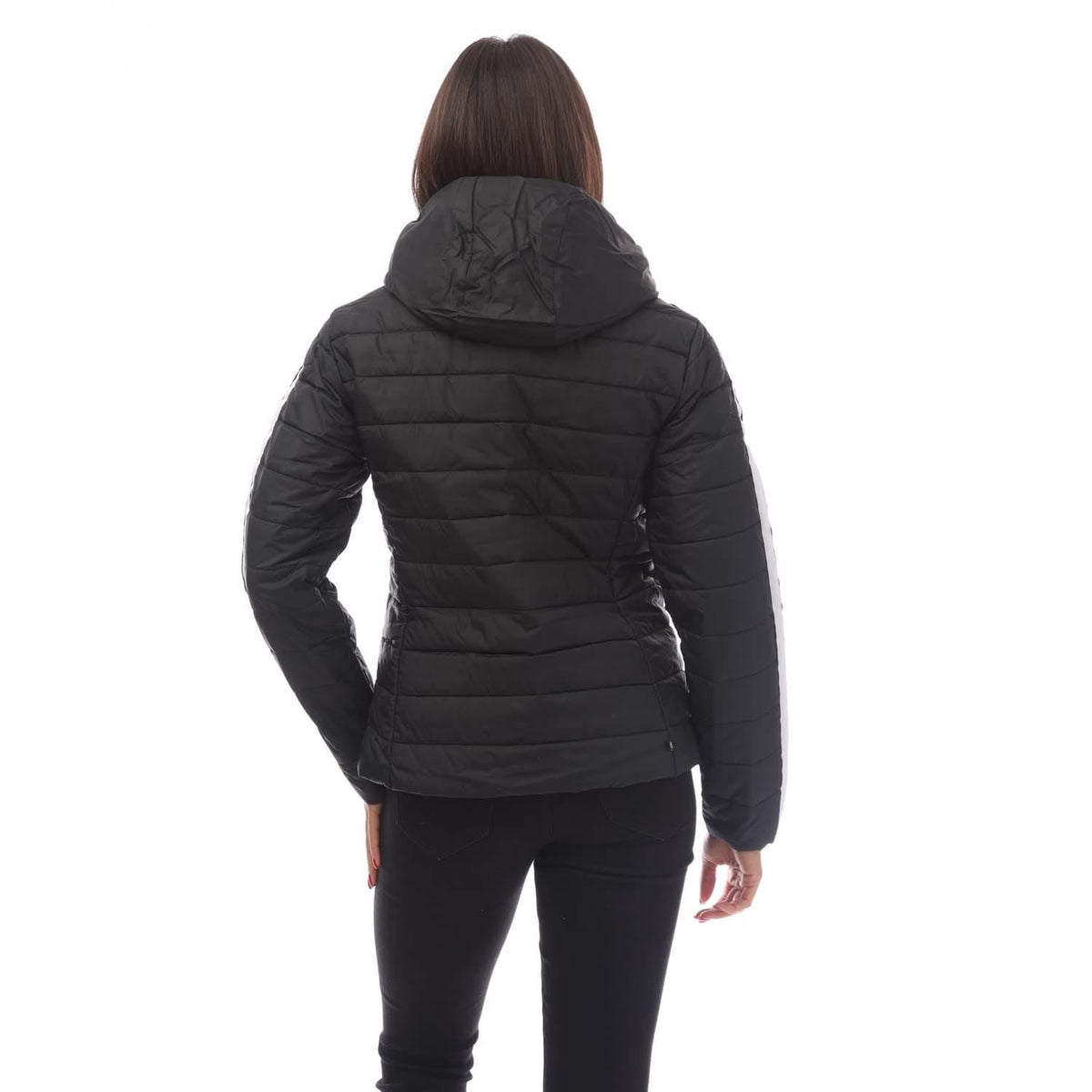 Adidas Originals hooded slim jacket in black, featuring a sleek design with a front zipper and adjustable drawstring hood.