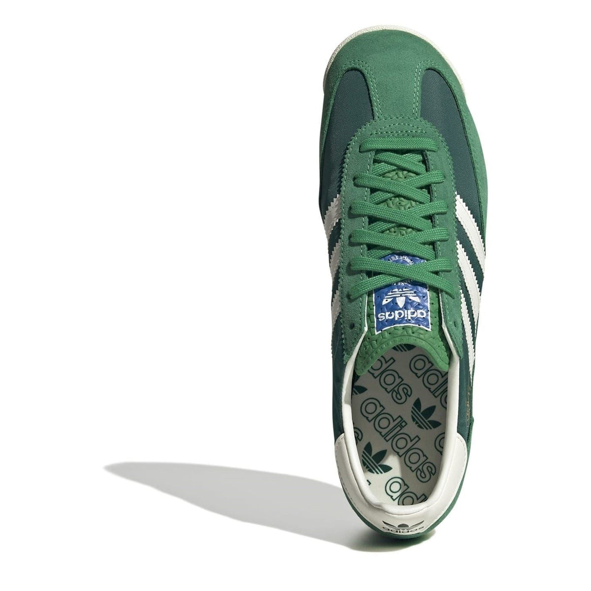 adidas SL 72 RS sneaker with green laces, white lining, and brand logo tongue patch