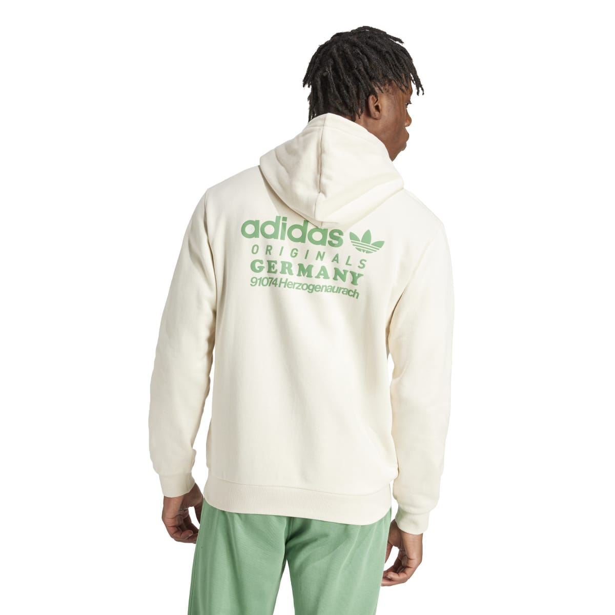 Cream adidas hoodie with large back text and trefoil logo