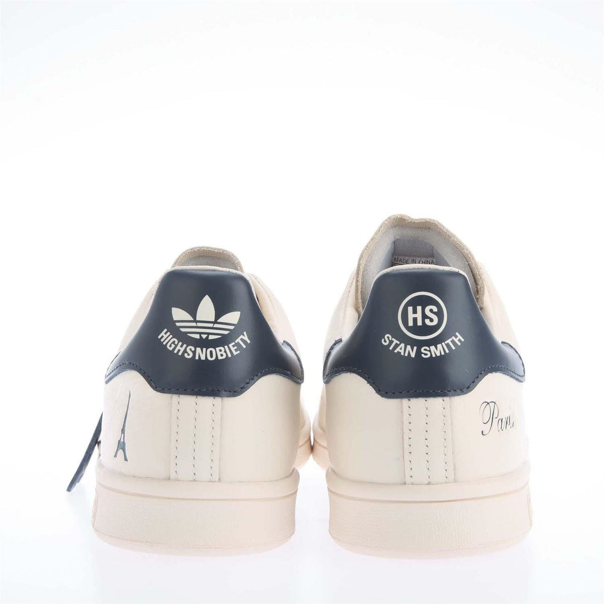 adidas Originals Smith Highsnobiety trainers, back view with HS logo and blue heel tabs