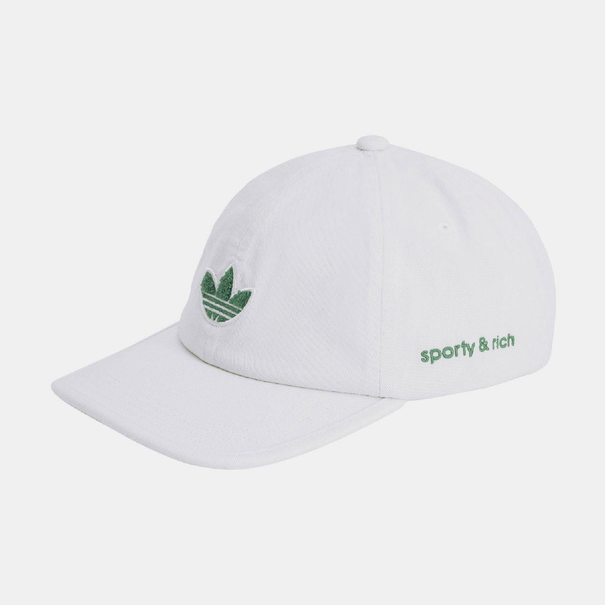 White adidas Originals cap with green trefoil and 'sporty & rich' on side
