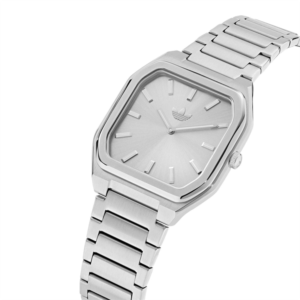 Silver analog watch close-up with baton markers on square dial and metal bracelet