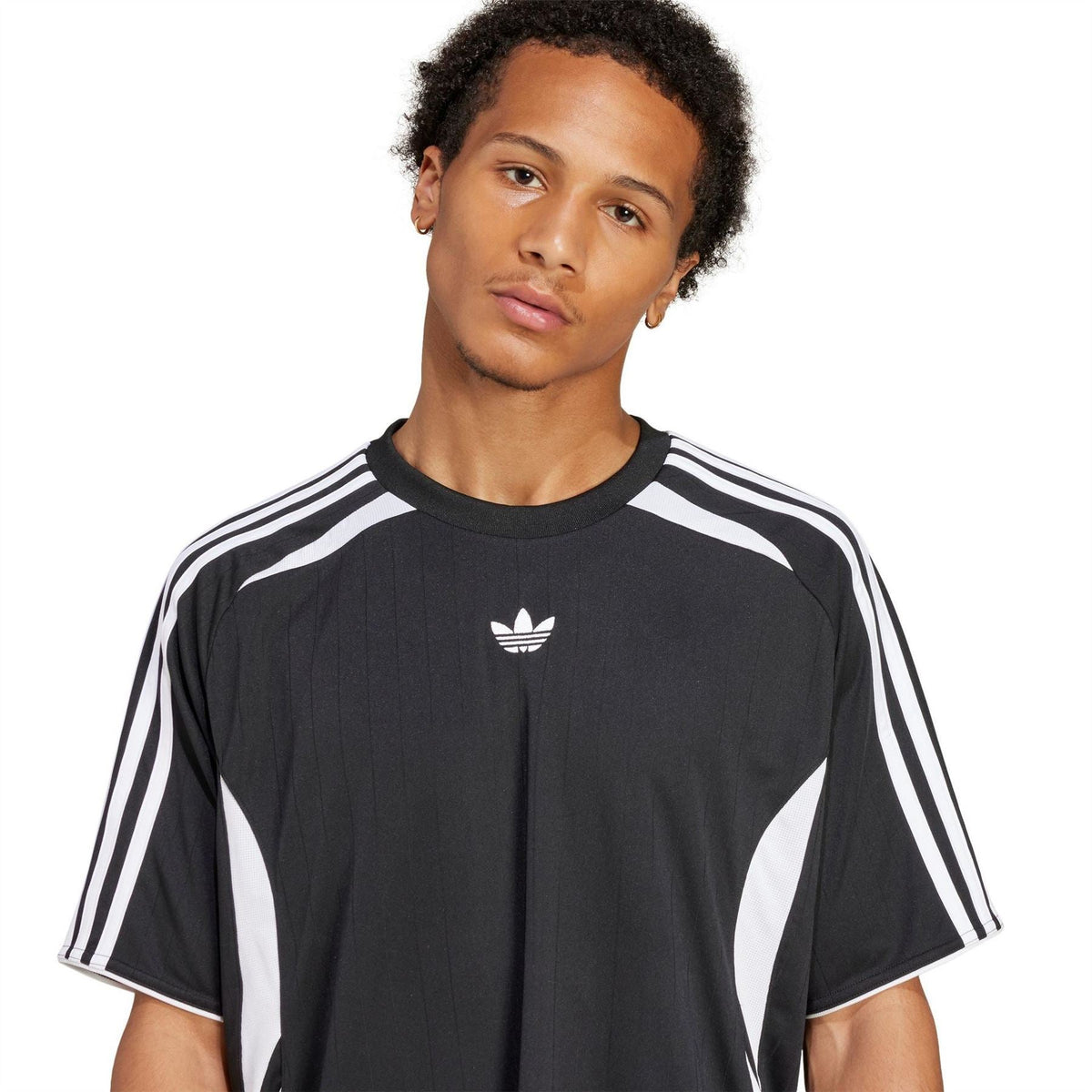 Black adidas Originals Teamgeist tee front with white stripes and small trefoil logo