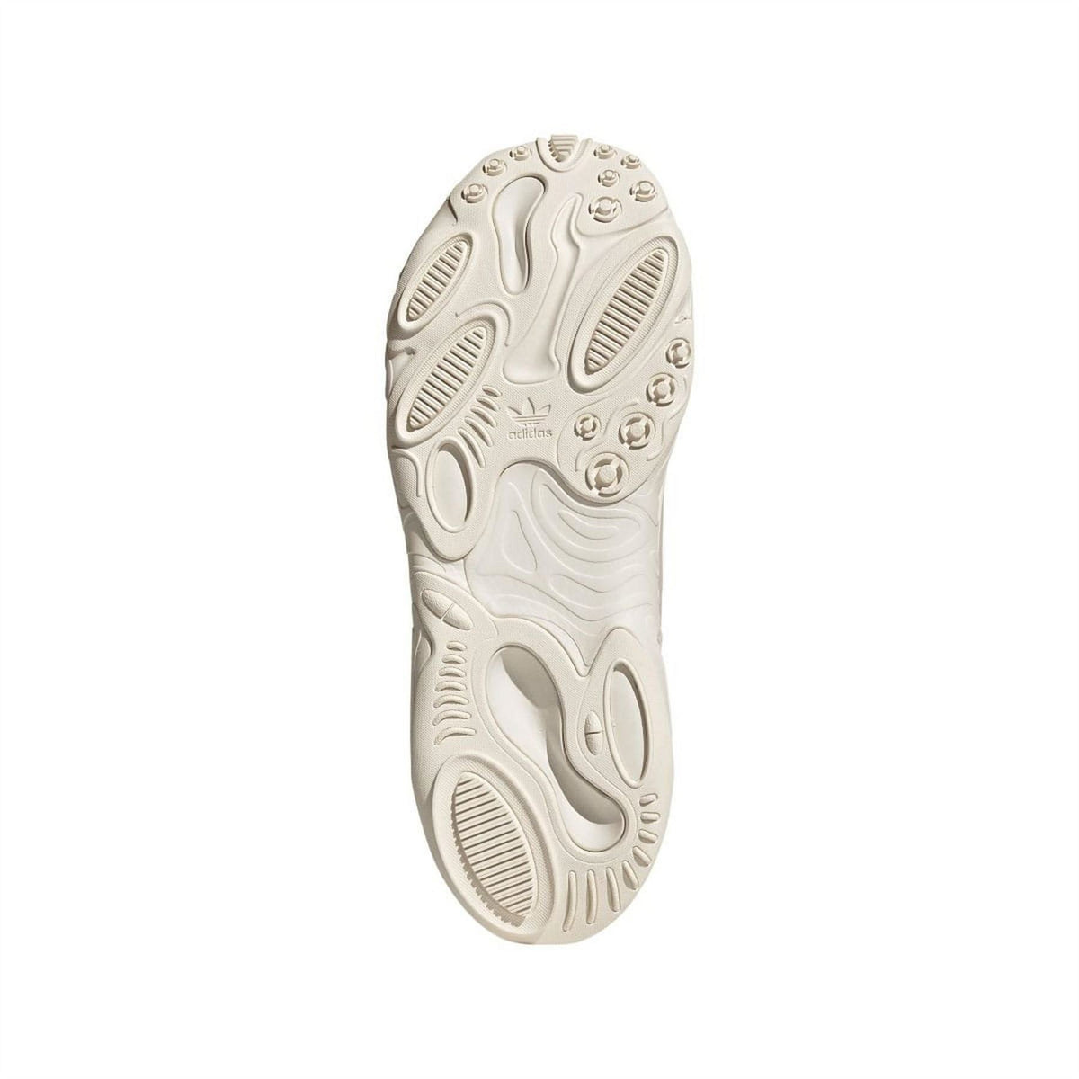 Off-white rubber outsole with textured tread and circular traction grips