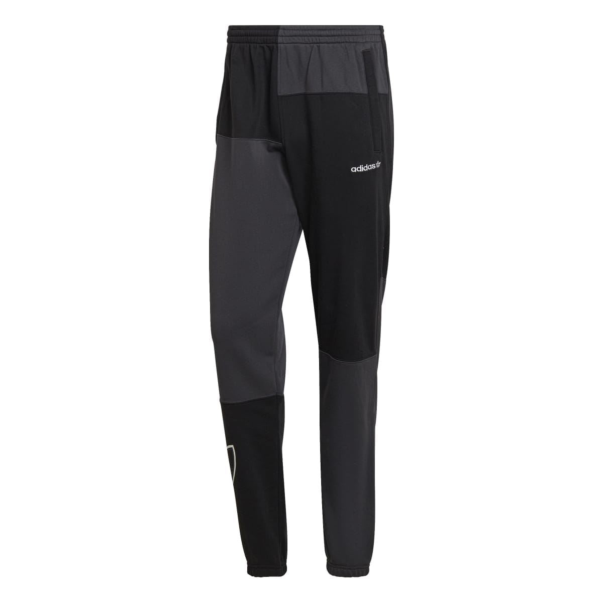 Black and grey terry joggers with elastic waistband, tapered legs, adidas logo