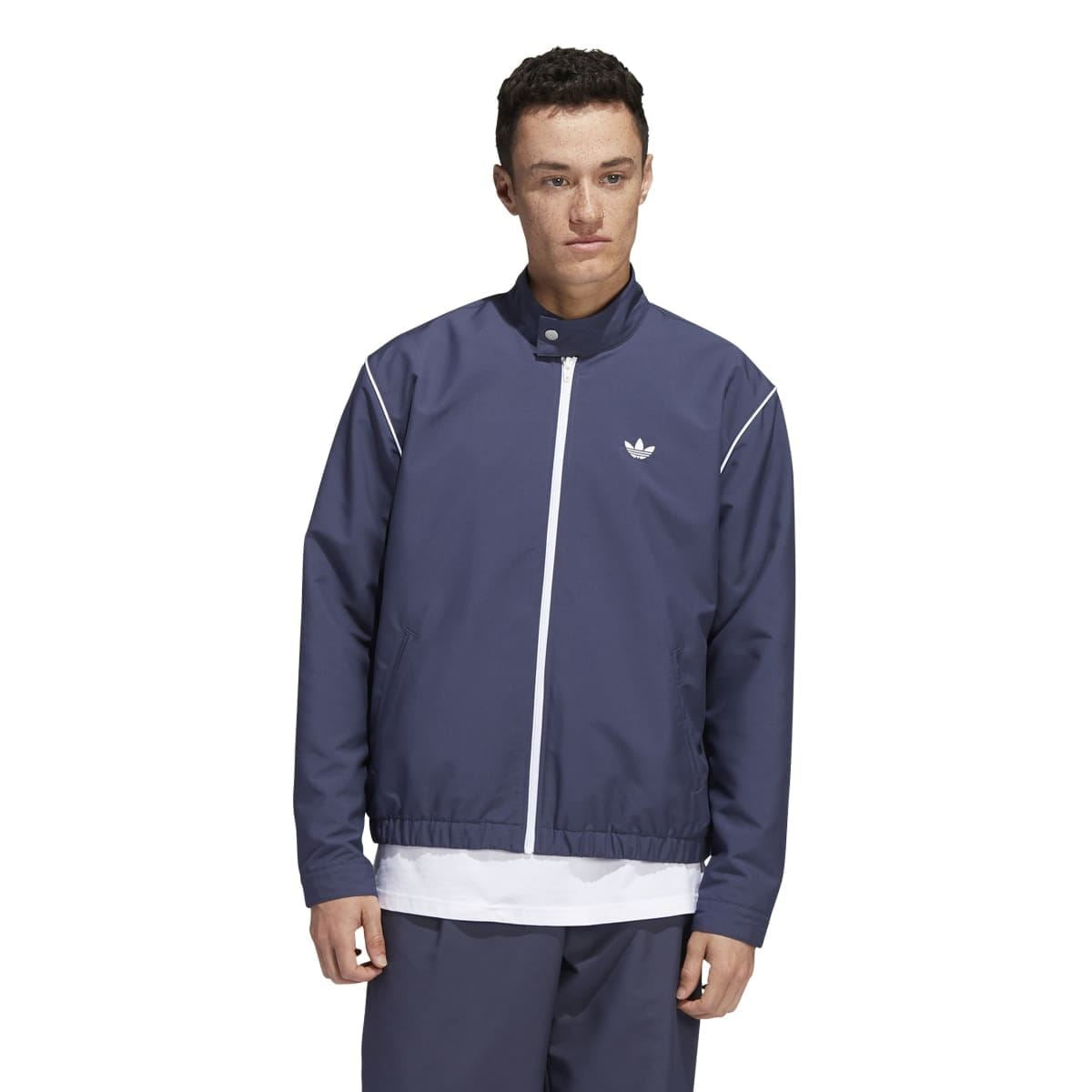 adidas navy track top with full zip and stand collar, white stripe details