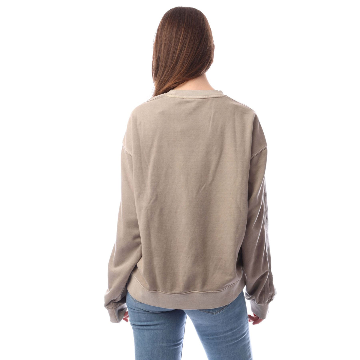 Taupe crewneck sweatshirt with long sleeves, plain back view