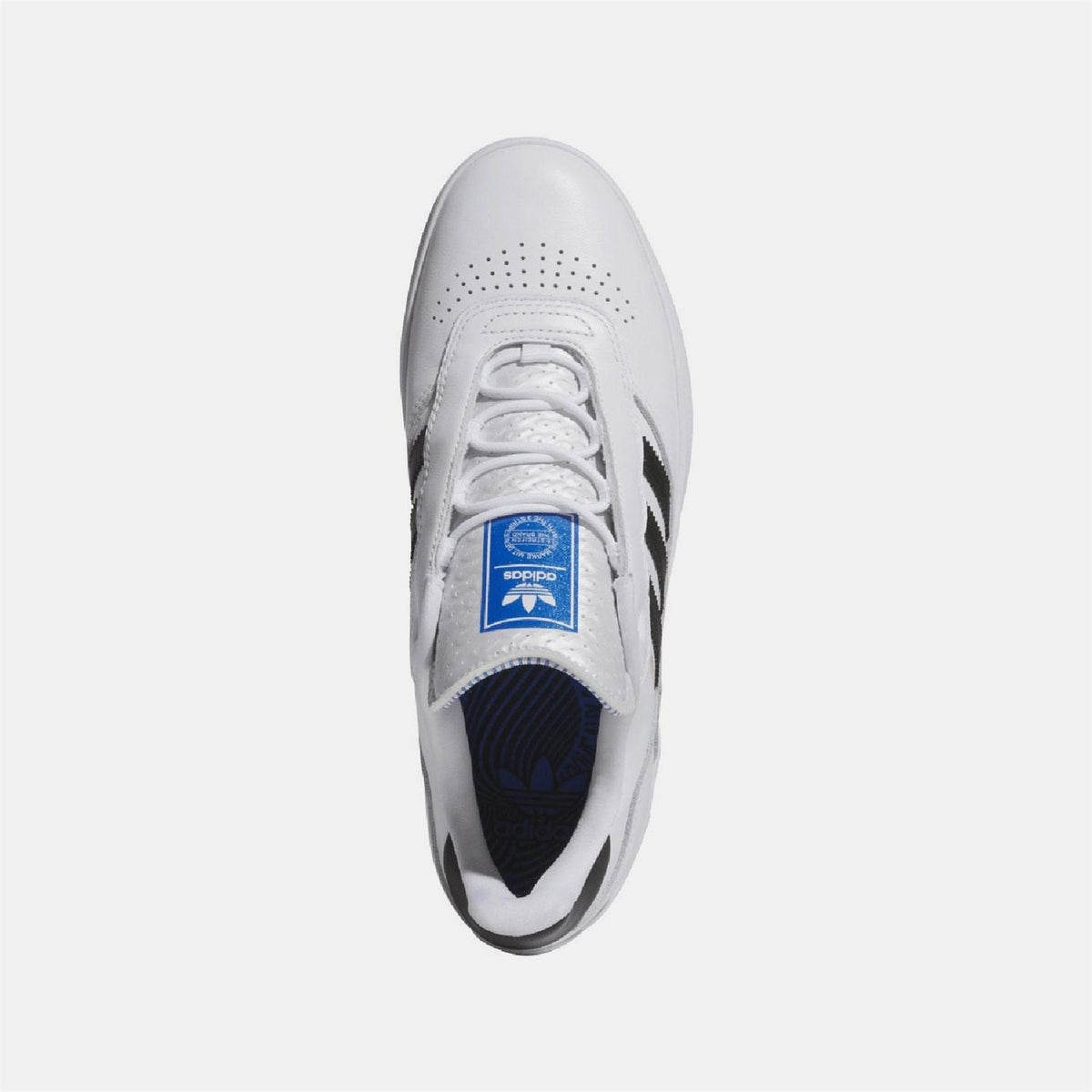 White low-top trainers, perforated toe, blue tongue label, lace-up closure
