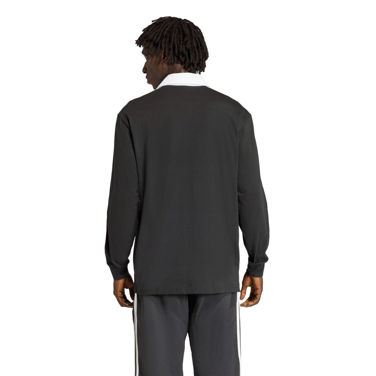 Black long-sleeve collared shirt, rear view, with white triple sleeve stripes
