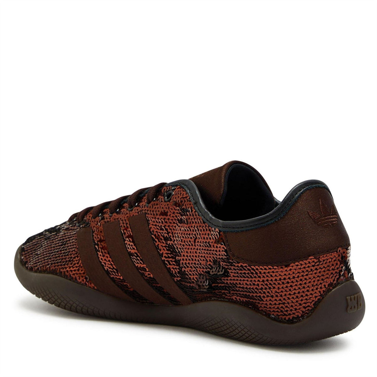 Brown and orange sequin lace-up sneakers with Adidas heel logo