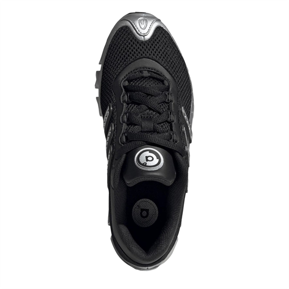 Black lace-up sneaker with silver heel detail and cushioned tongue padding
