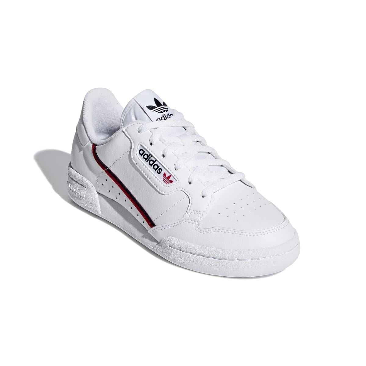 White lace-up Adidas Continental 80 junior sneaker with side stripe and Adidas logo.