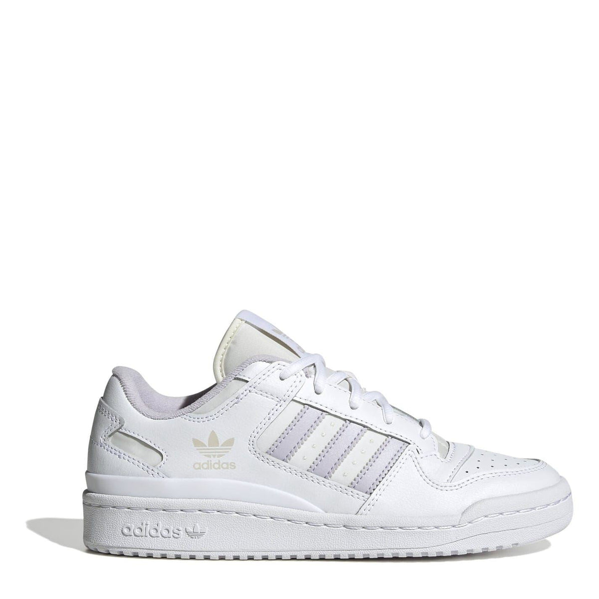 White low-top lace-up sneakers with three side stripes and adidas branding