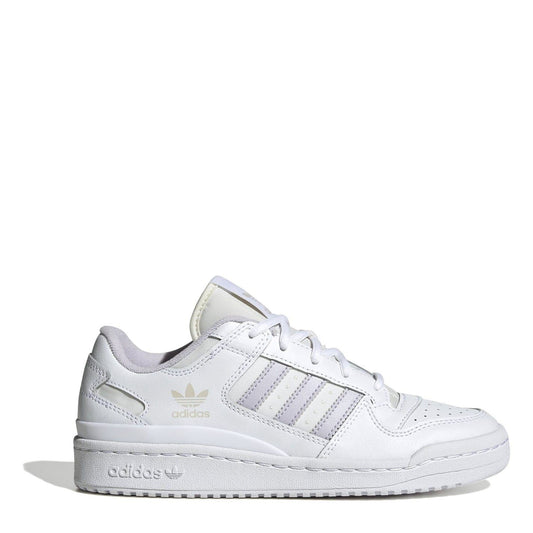 White low-top lace-up sneakers with three side stripes and adidas branding