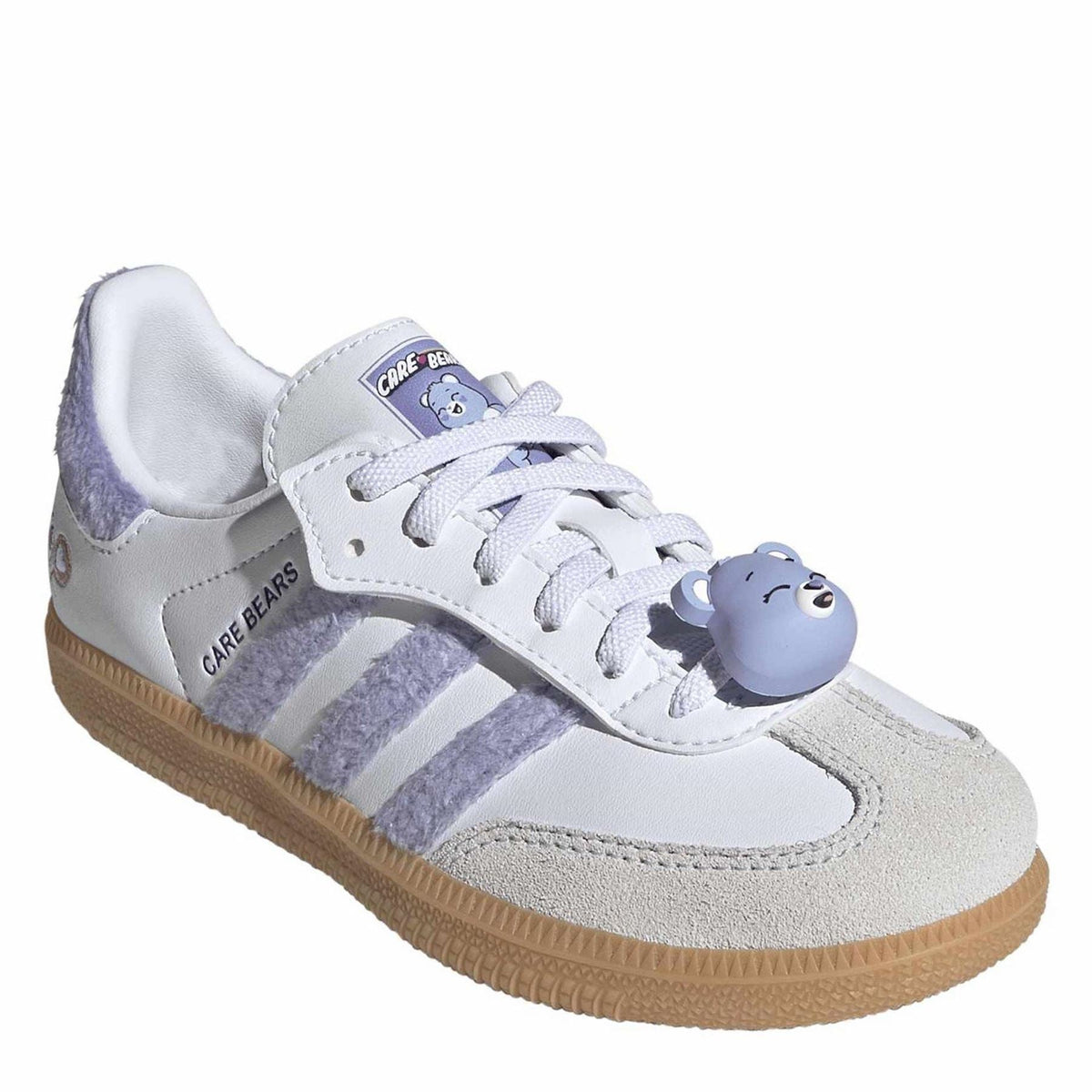Kids' adidas Originals Samba-style sneakers with Care Bears charm, white and lavender, gum sole