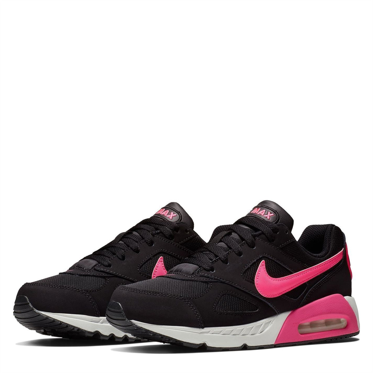 Pair of Nike Air trainers for girls in black with pink accents and visible Air unit