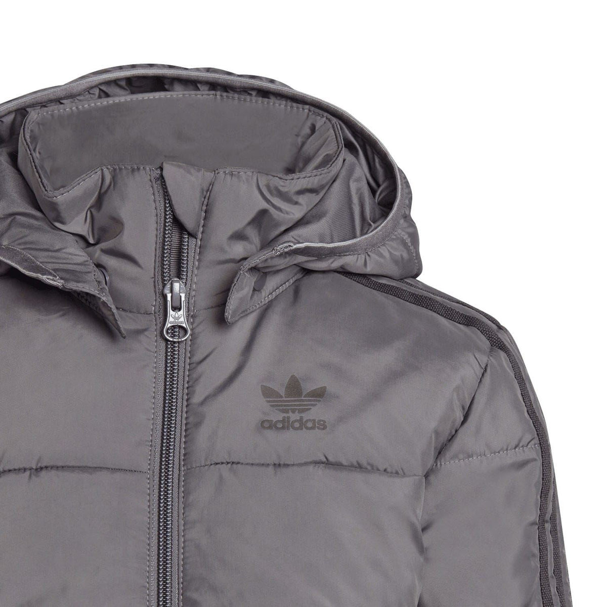 Grey padded jacket hood and full zip with Adidas trefoil logo on the chest