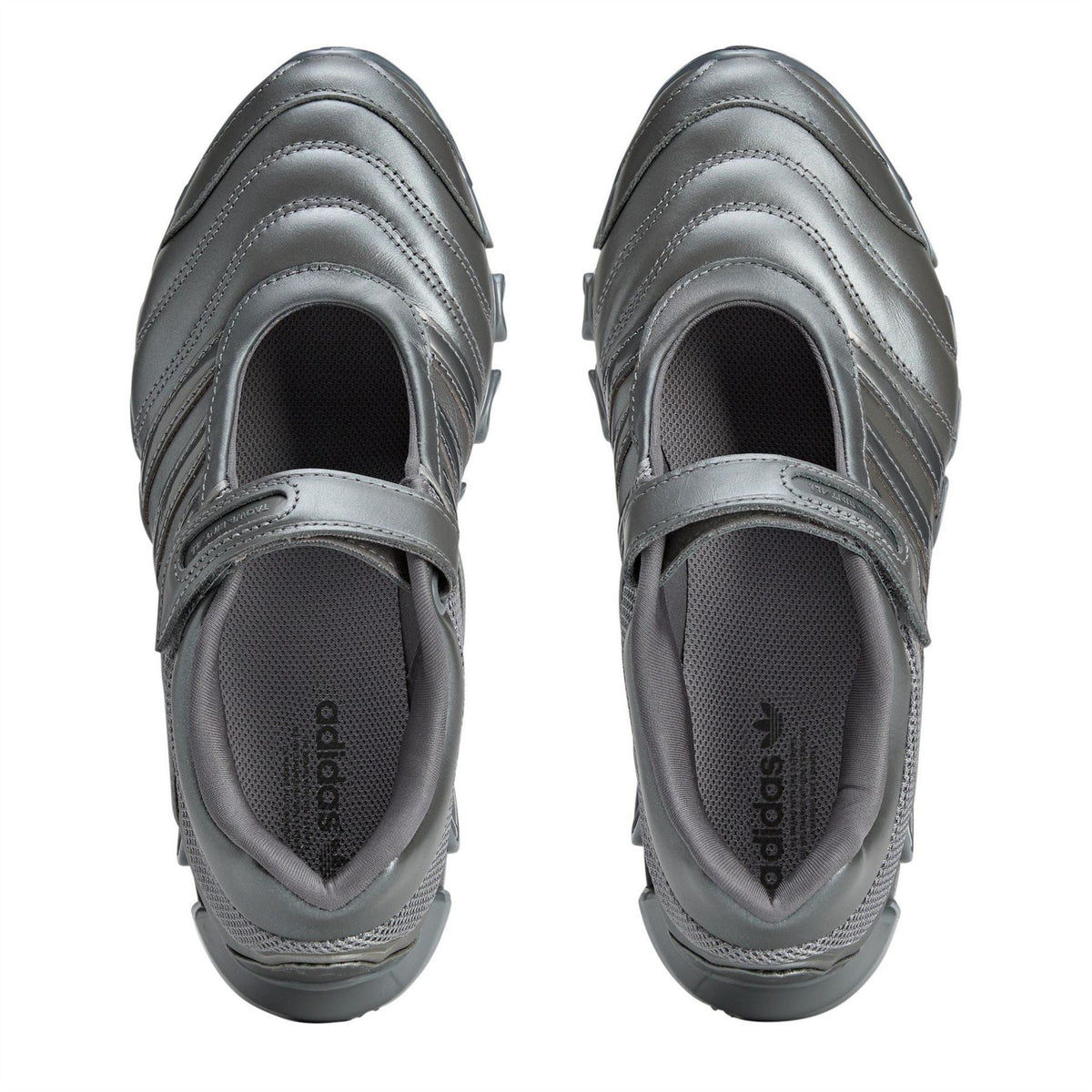 Gray adidas Originals Megaride Taqw sneakers, top view of two shoes