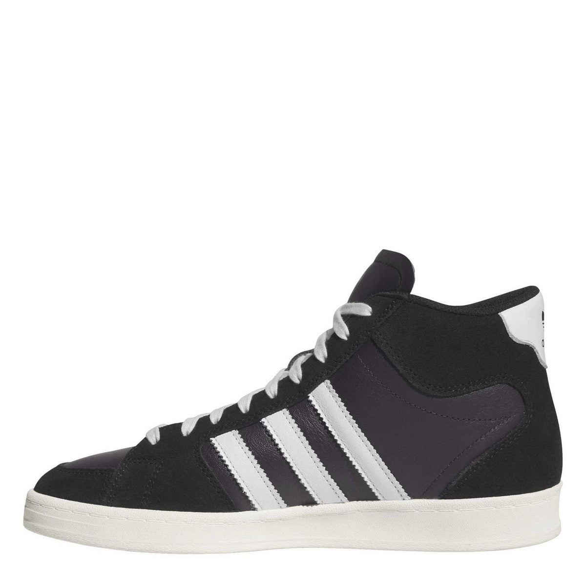 Mid-side view black adidas high-top trainers with white stripes and white rubber sole