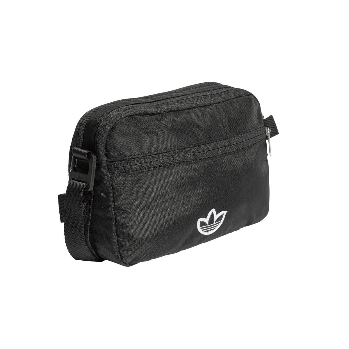 Black small adidas crossbody bag, curved top zip and trefoil logo