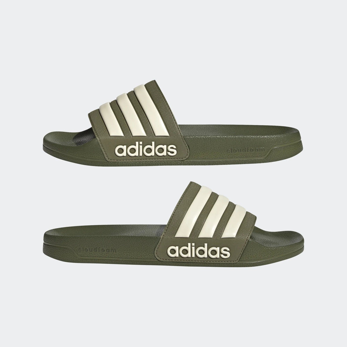 Adilette shower slides, olive green pair shown from side and front