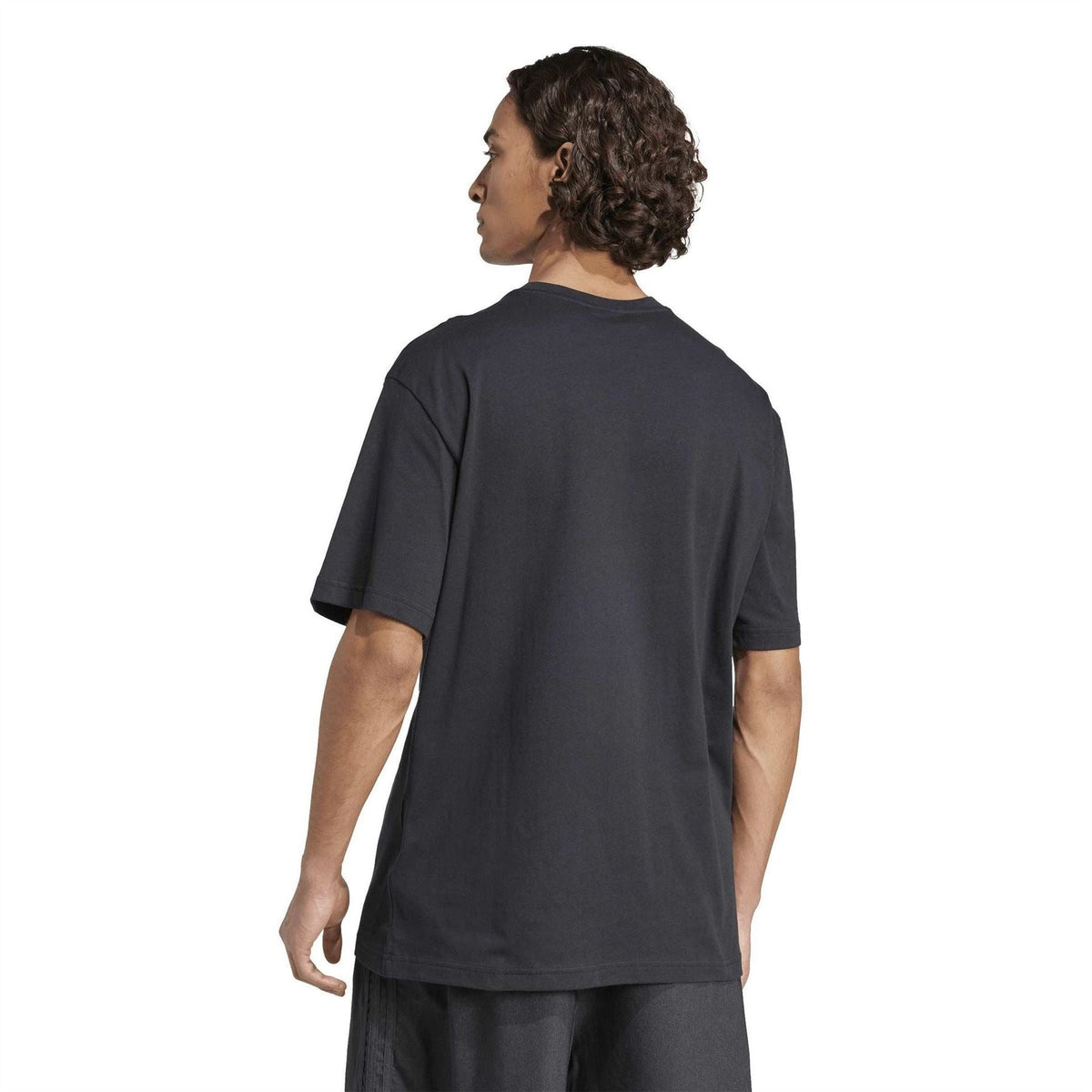 Black crew neck jersey T-shirt shown from back, short sleeves