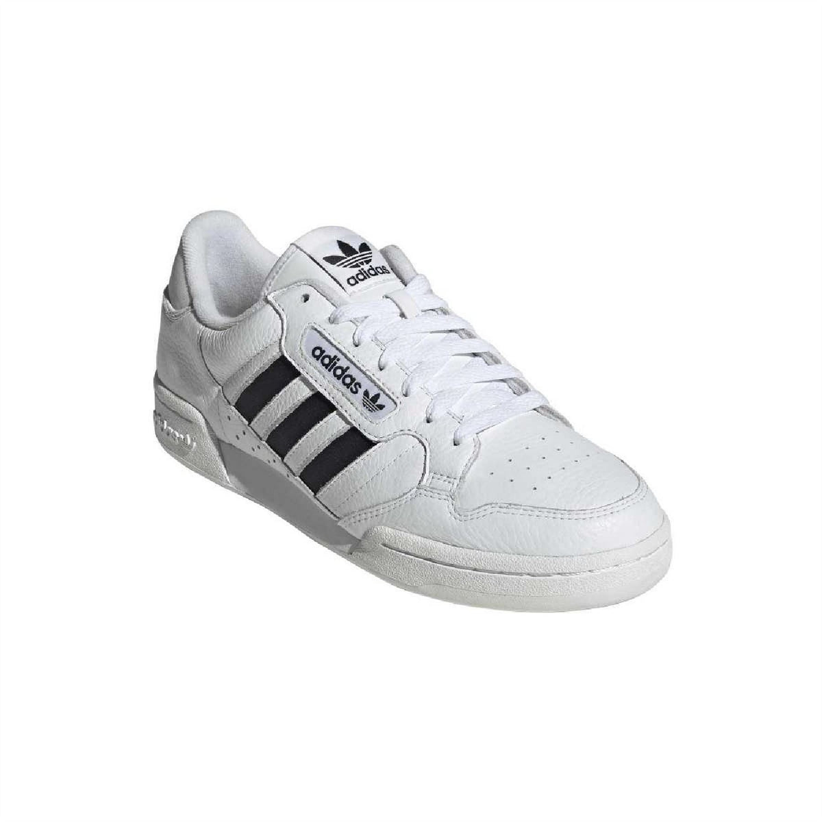 adidas Originals Continental 80 Stripes trainers in white with navy accents, showcasing classic sneaker design and striped detailing.