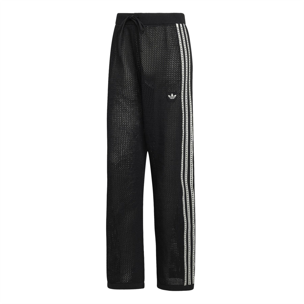 Black women's jersey joggers with drawstring, open hems, and adidas logo on leg