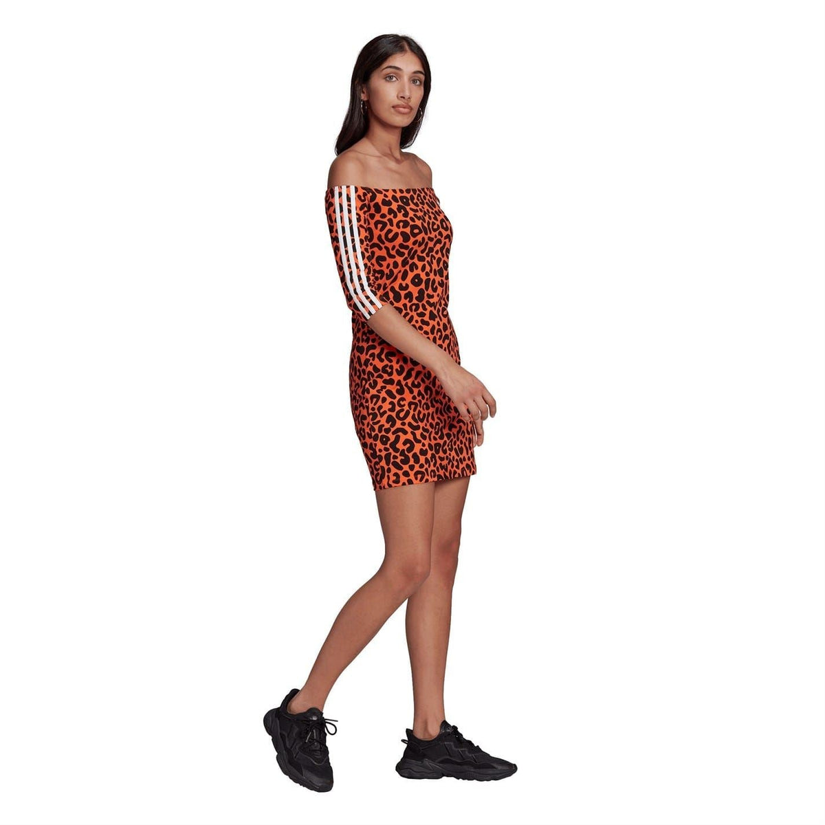 Adidas off-shoulder mini jersey dress in orange leopard print with white side stripes