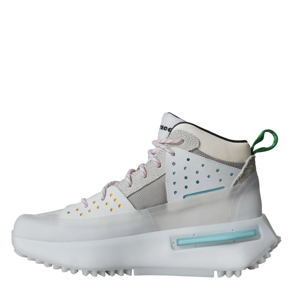 White high-top sneaker side view with light-blue and yellow accents and platform sole.