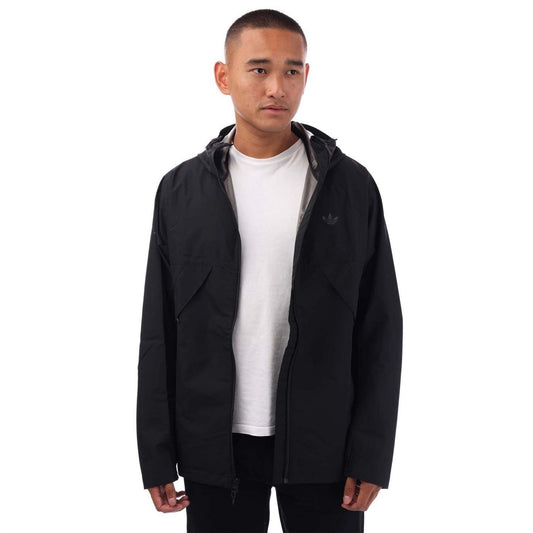 Black hooded shell jacket with front zip and side pockets, adidas trefoil logo.