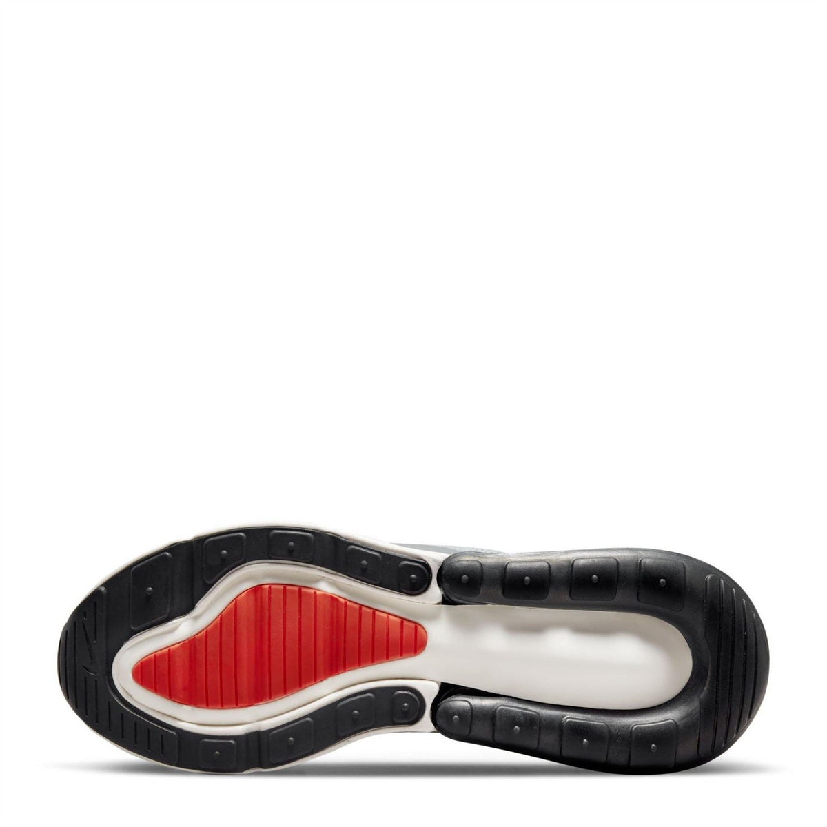 Nike Air Max 270 trainers outsole view with red insole panel and black tread