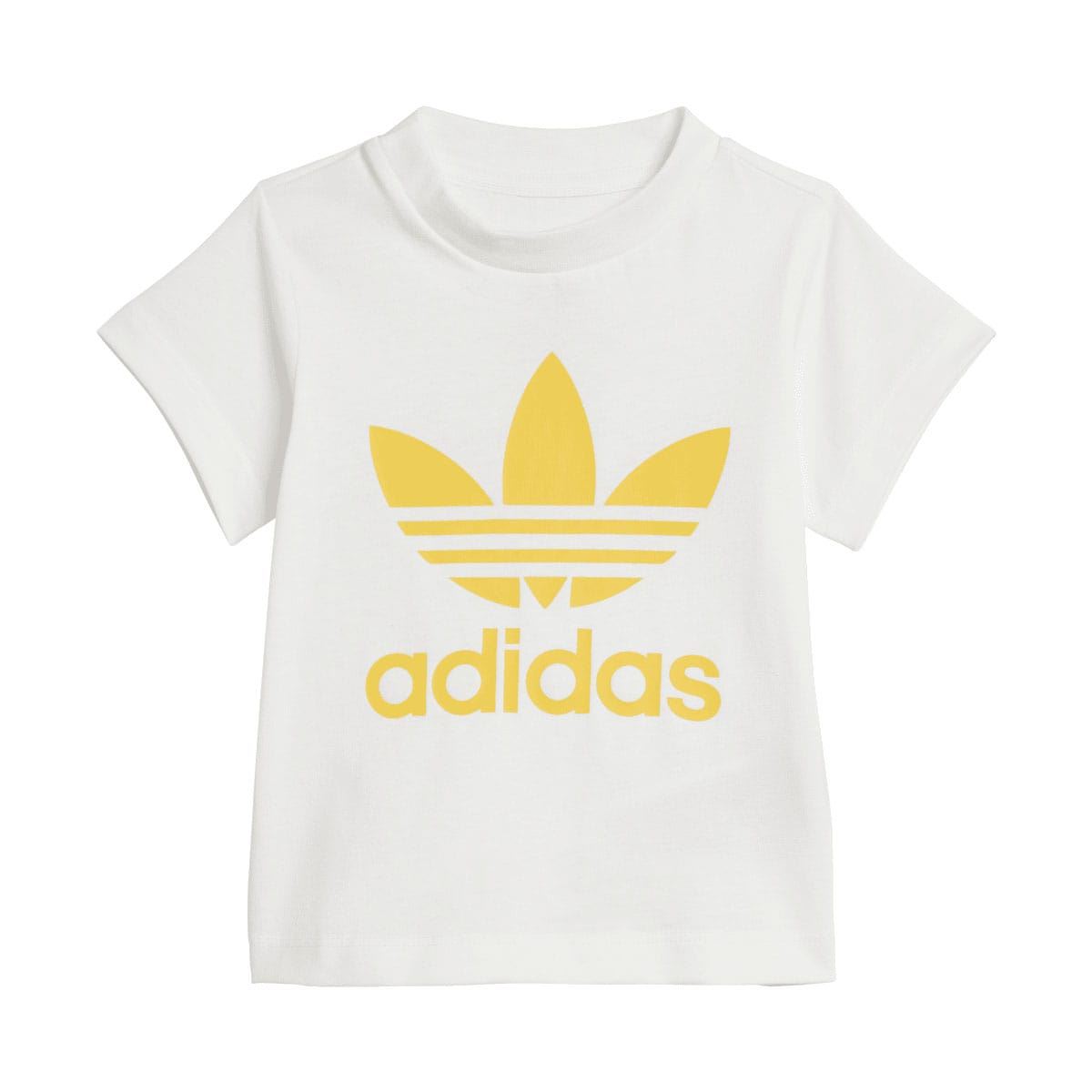 Infant white t-shirt with large yellow adidas trefoil and adidas wordmark