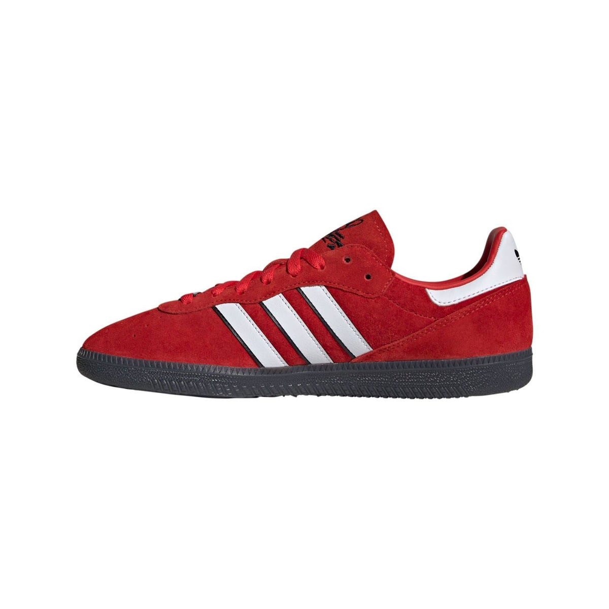 Red suede adidas trainers with three white side stripes and black textured sole