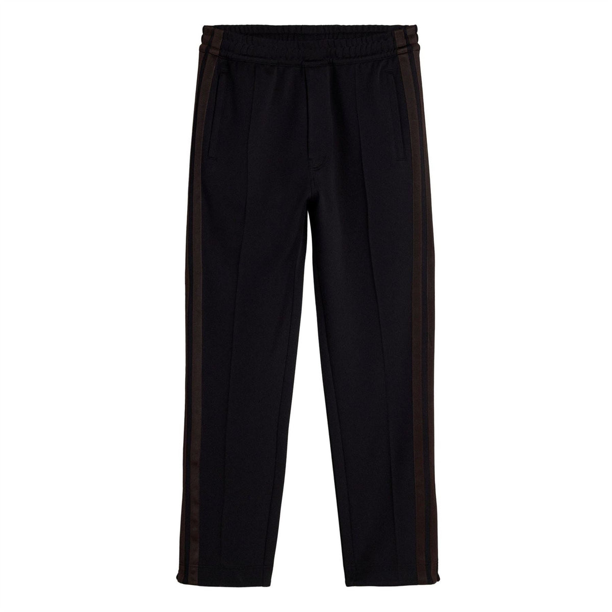 Black track pants with elastic waist and side stripe panels